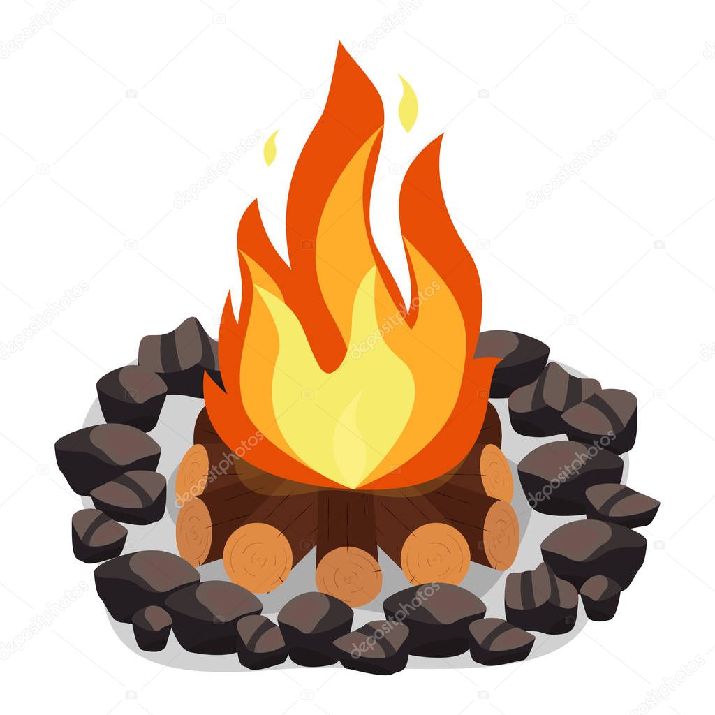 Bonfire, burning woodpile and round of stones, campfire or fireplace