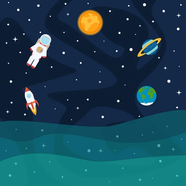 Astronauta, planetas e estrelas, nave foguete no espaço — Vetor de Stock