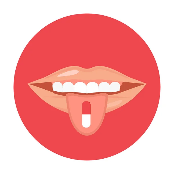 Konzeption Illustration der Medizin, Tablette, Pille auf der Zunge Design-Ikone — Stockvektor