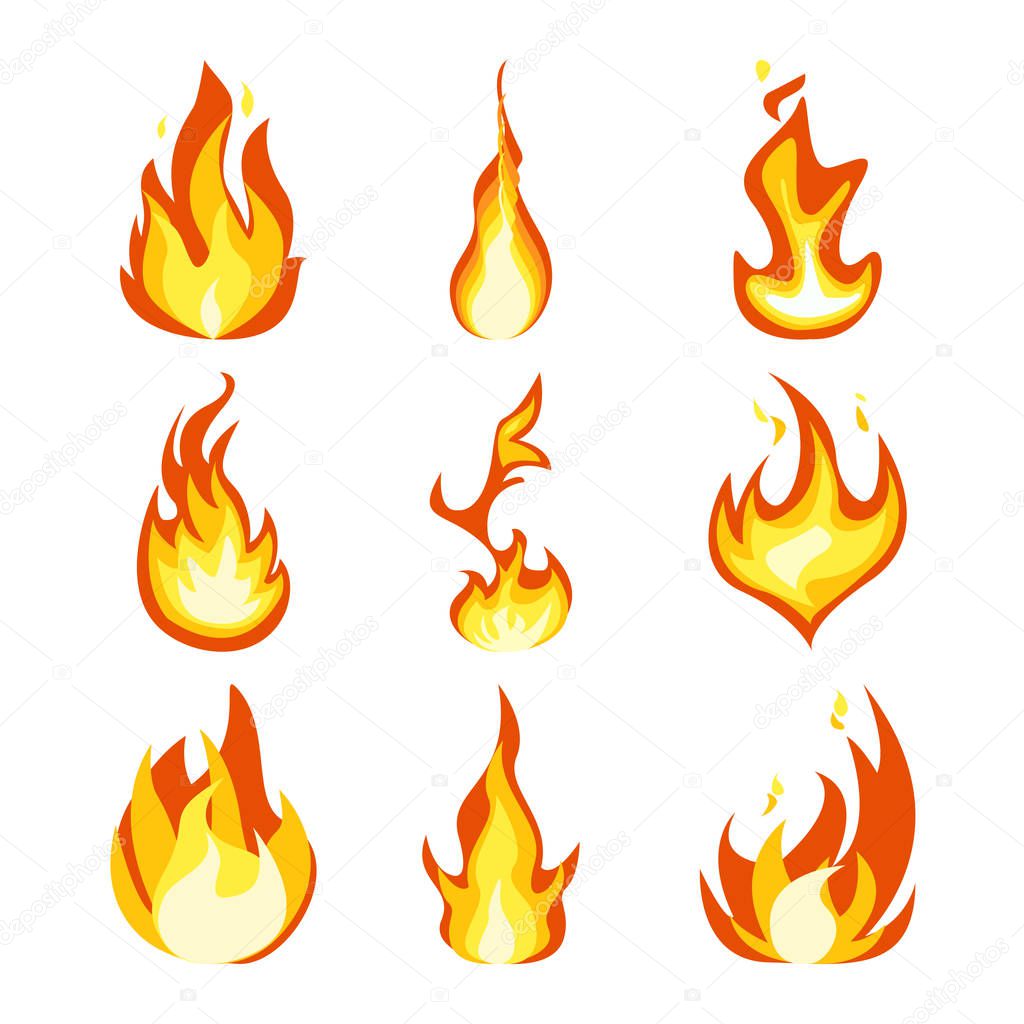 Fire light effect, flames set design vector icon
