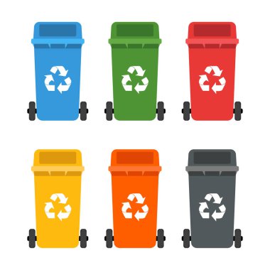 Renkli dumpsters ayarlayın. Çöp kutuları. Ekoloji ve geri dönüşüm kavramı