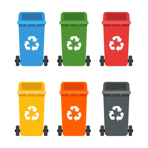 Разноцветные мусорные контейнеры. Мусорные баки. Концепция экологии и переработки — стоковый вектор