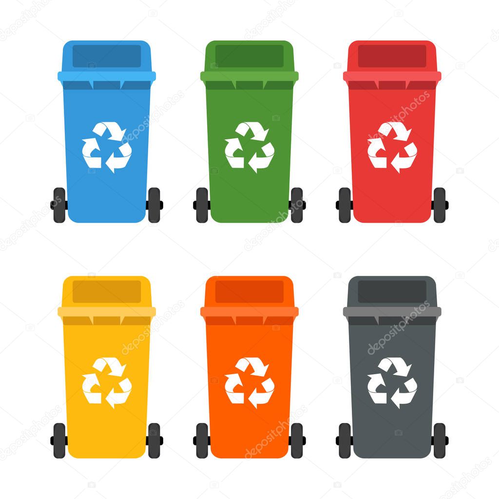 Bidoni della spazzatura colorati con riciclaggio. contenitori per raccolta  differenziata.