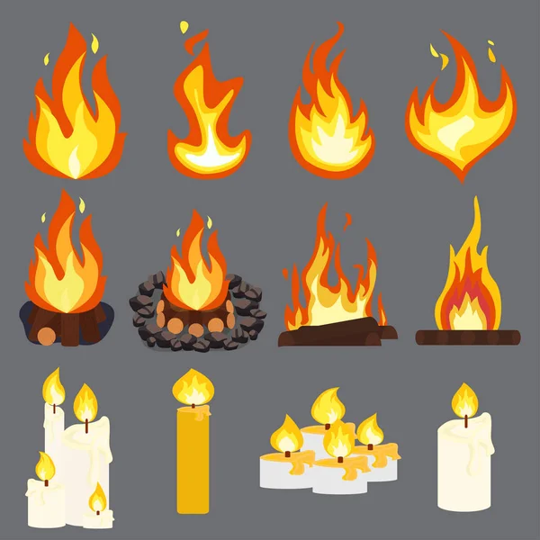 Effet de lumière du feu, flammes bougie bois set vecteur de conception — Image vectorielle