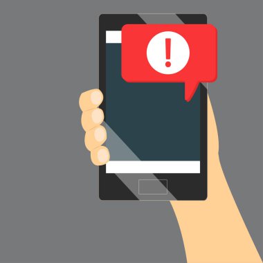 Tehlike hata uyarı iletisi içinde hareket eden. Smartphone virüs sorunu ya da güvensiz spam sorunları duyuruları telefon ekranında