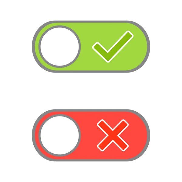 Toggle button switch off or turn on slider with green tick hook and red cross signs — Stock Vector