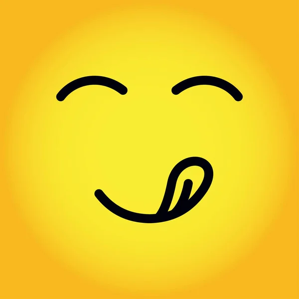 Cara de emoticono sonriente amarillo delicioso. Emoji con boca y lengua gourmet disfrutando de sabor vector — Vector de stock
