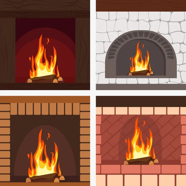 Fireplaces kayu dan batu dekorasi set vektor - Stok Vektor