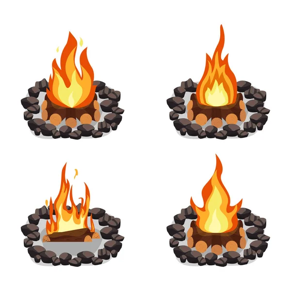 Juego de fogatas, leña ardiente y piedras redondas, fogata o chimenea sobre leña — Vector de stock