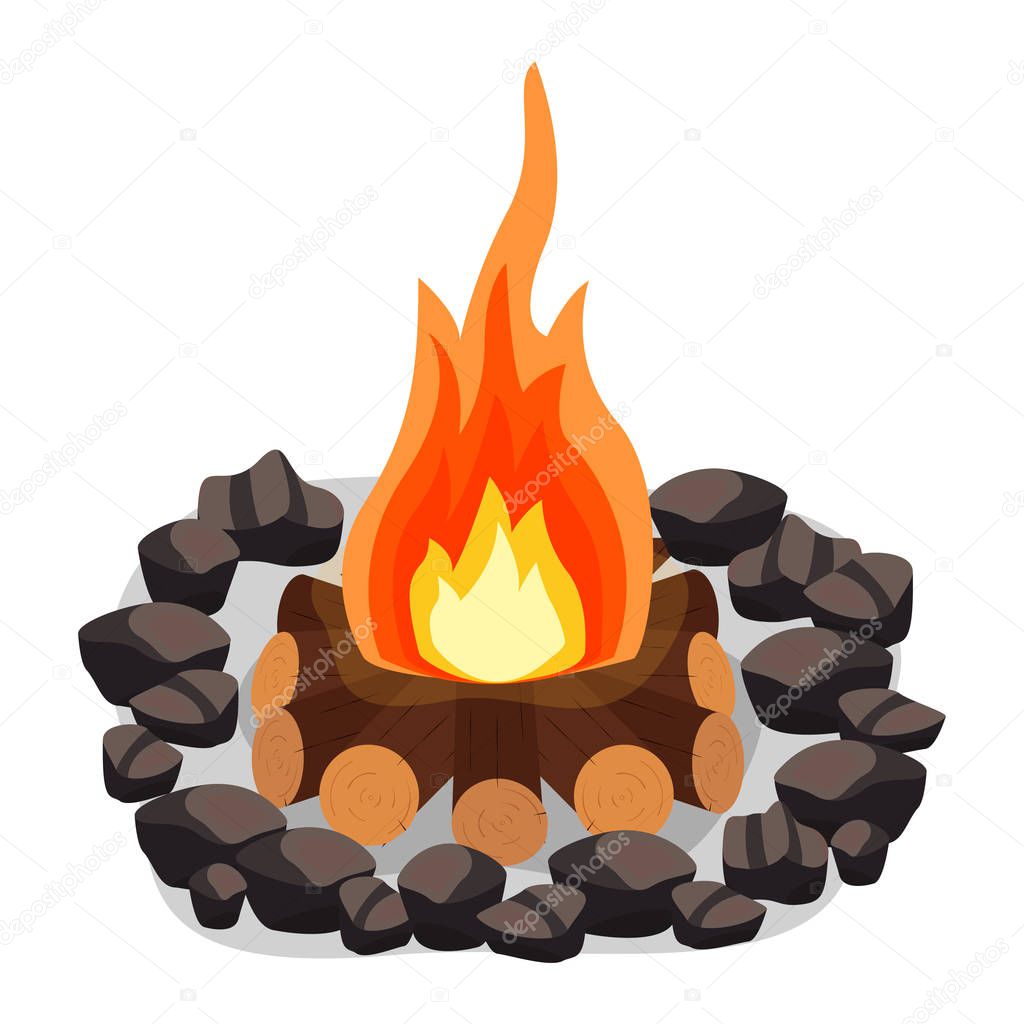 Bonfire, burning woodpile and round of stones, campfire or fireplace on firewood