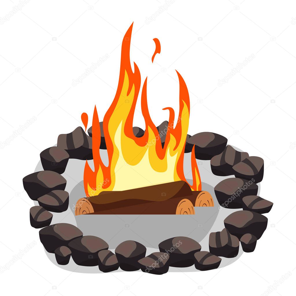 Bonfire, burning woodpile and round of stones, campfire or fireplace on firewood vector