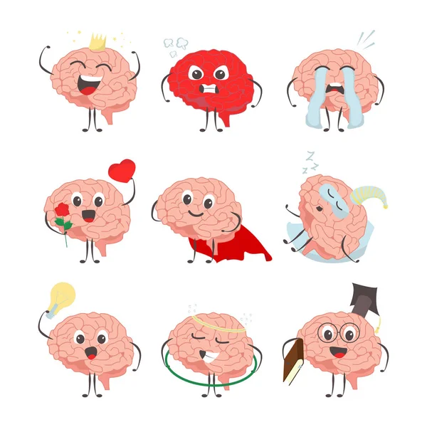 Персонажи мультфильмов о мозге, делающие спортивные упражнения и различные виды деятельности — стоковый вектор