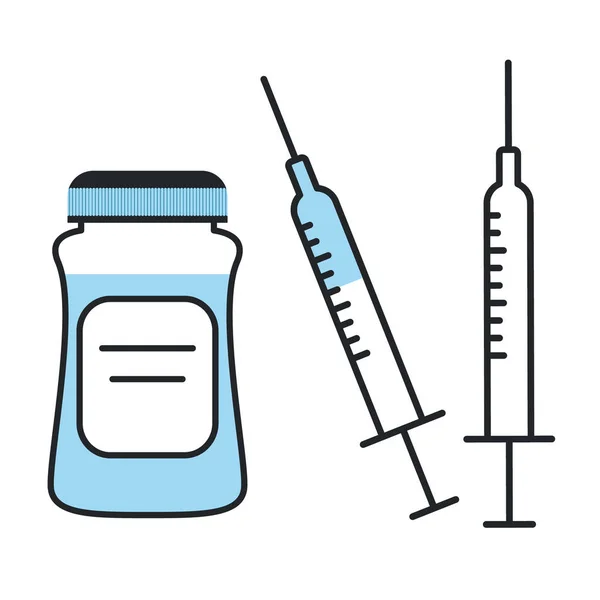 Fiolka z lekiem i ikona strzykawki. Wstrzykiwanie leków z niebieską szczepionką — Wektor stockowy