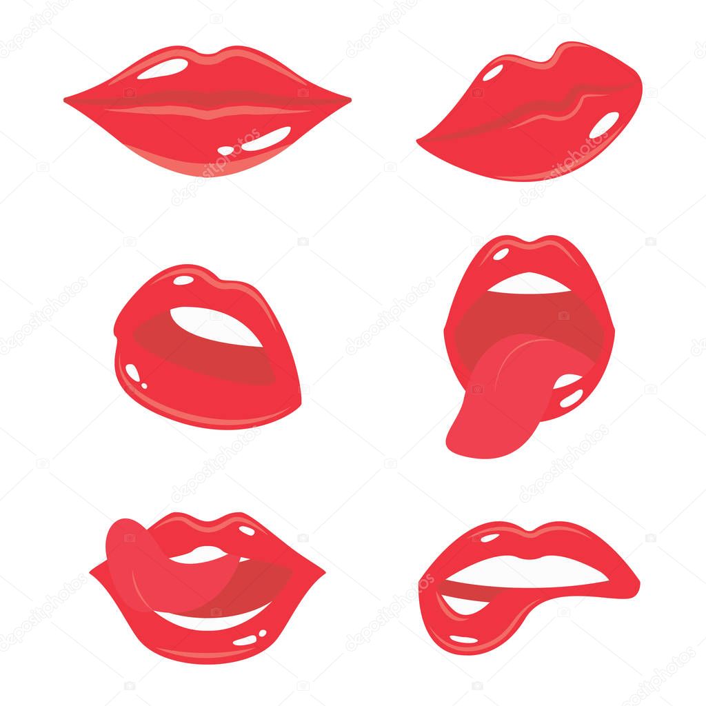Sexy woman lips with tongue set. Girls mouth with red