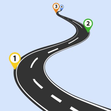 Renkli pinler kontrol noktası ile kavisli yol infografik