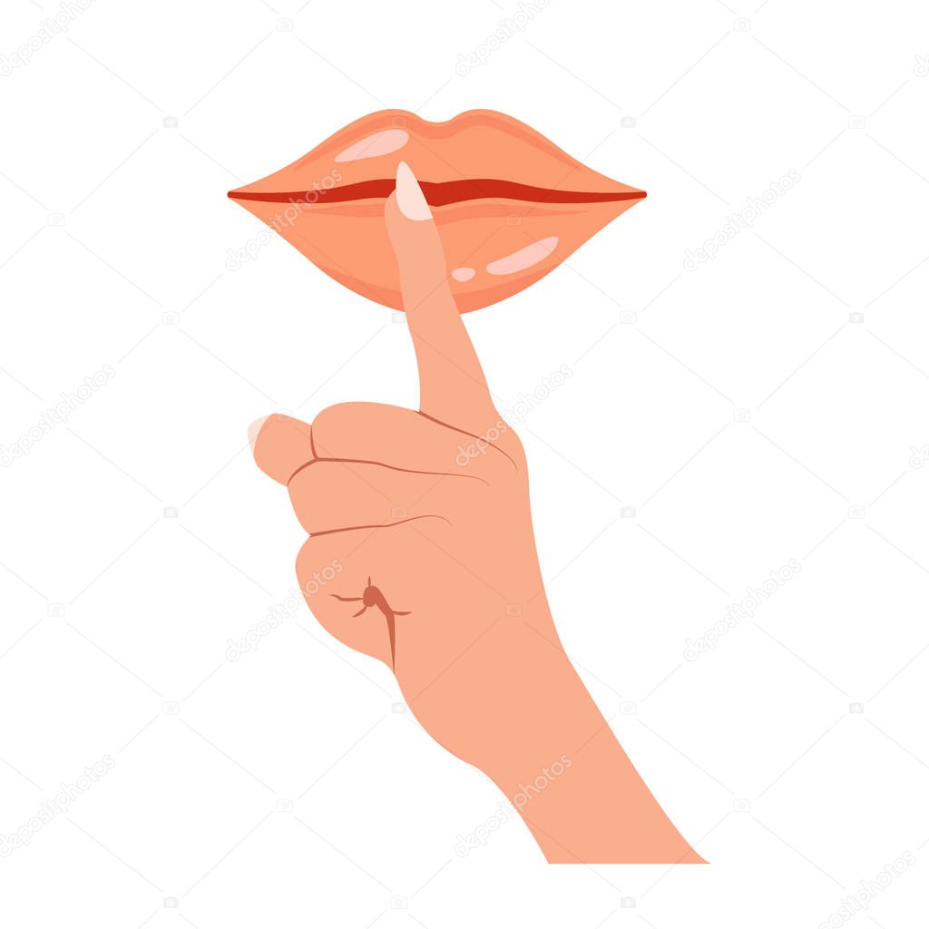Keep silence icon. Be quiet lips and hand with finger silent sign. No noise symbol