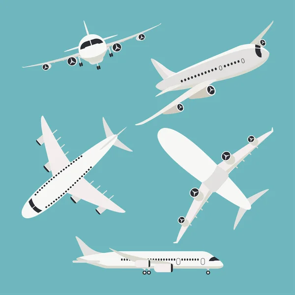 Conjunto de aviones, iconos de viaje de avión, avión de pasajeros en diferentes puntos de entrega de carga — Vector de stock