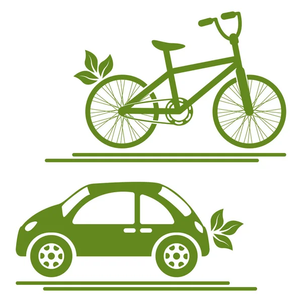 Eco-vervoer. Auto en fiets groene pictogrammen vector illustratie — Stockvector