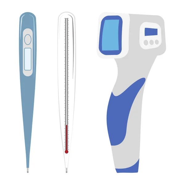 Set icona termometro elettrico, senza contatto, a mercurio isolato — Vettoriale Stock