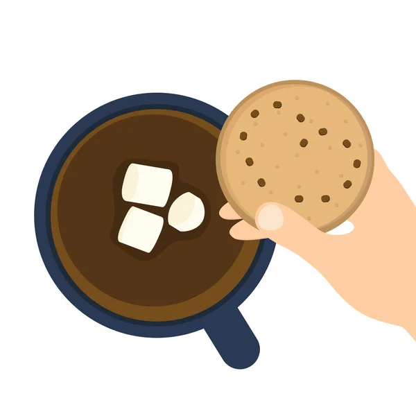 Kávé vagy forró csokoládé mályvacukorral és süteménnyel — Stock Vector
