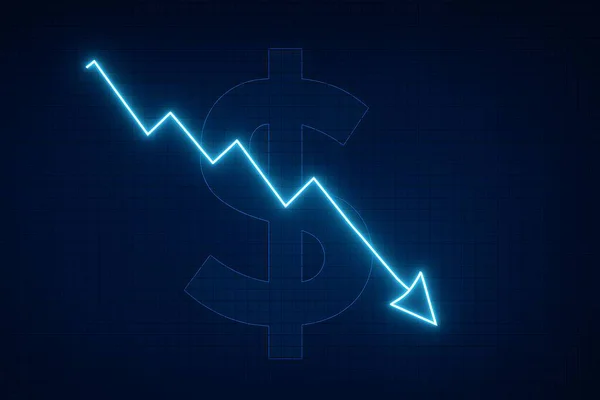 Dolar sembollü parlayan mavi eğilim grafiği, finans, piyasa kaybı, ekonomik kriz ve yatırım görselleri için ideal.