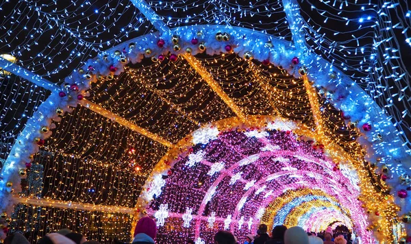 Moskva Rusko Leden 2018 Barevný Tunel Tverské Třídě Vánoční Sváteční — Stock fotografie
