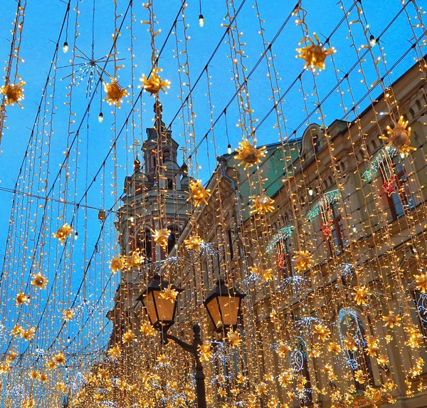 Weihnachtsbeleuchtung Dekoration Moskau Der Nikolskaja Straße Gelbe Sterne Girlanden Feiertag — Stockfoto