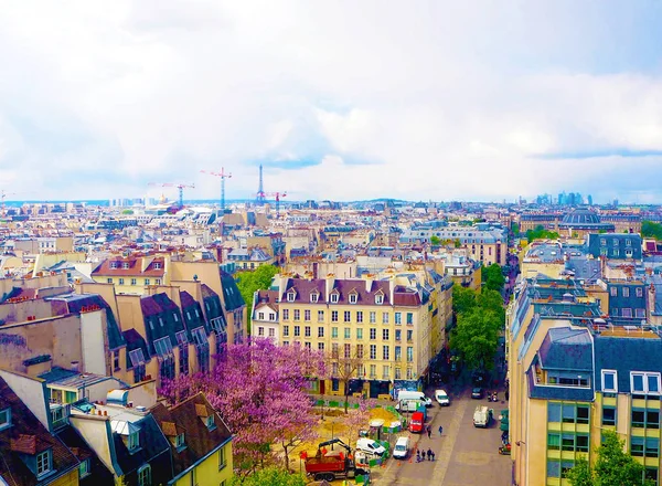 巴黎春天在地平线上欣赏美丽建筑的鸟际城市景观 埃菲尔铁塔景观 拉德芳斯商务中心 法国巴黎建筑 — 图库照片