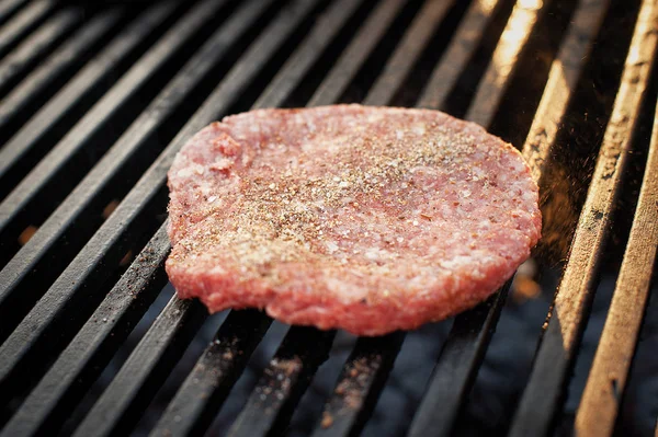 쇠고기 그릴에 햄버거 음식입니다 거리에 피크닉 — 스톡 사진