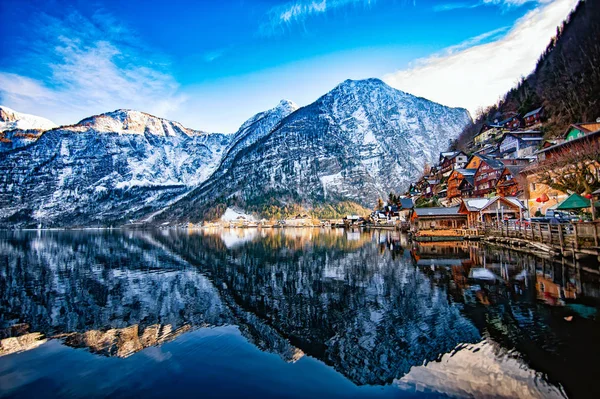 Vinter Över Hallstatt Traditionella Österrikiska Trä Kultur Världsarv Alperna Österrike — Stockfoto