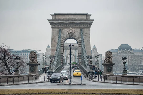 View Szechenyi Chain Bridge Cloudy Morning Budapest — Stock Photo, Image