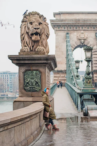Портрет Жінок Szechenyi Моста Хмарно Вранці Будапешті — стокове фото