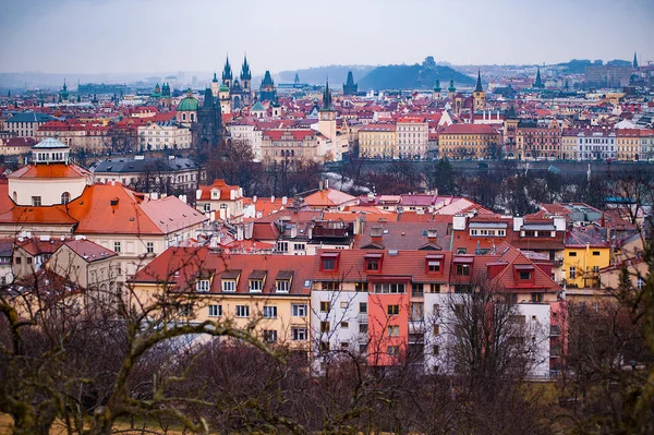 Petrin bahçeleri ve Prag tarihi merkezine ev sahipliği yapmaktadır. Bulutlu hava — Stok fotoğraf