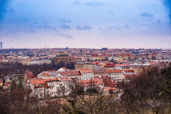 Petrin Gärten und Häuser im historischen Zentrum von Prag. Bedecktes Wetter — Stockfoto