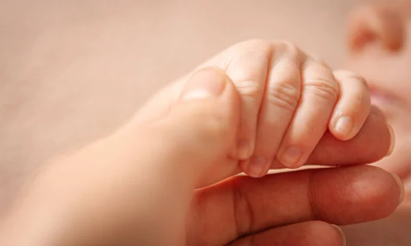 Yeni doğanın eli annesinin parmağını tutuyor. Bej rengi. Yumuşak seçici odaklanma. Yakın plan.