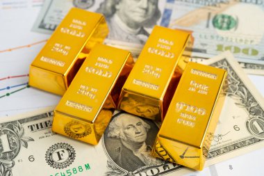 Amerikan doları banknotunda altın külçeleri, finans sektörü yatırım para birimi.