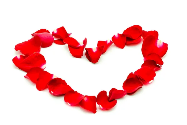 Beyaz Arka Planda Kalp Şeklinde Kırmızı Gül Yaprağı Sevgililer Günü — Stok fotoğraf