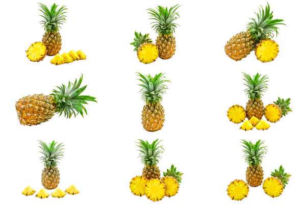 Isolated set of pineapples fruit slices on white background with clipping path