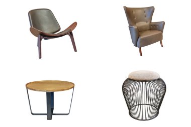 Beyaz arka plan üzerinde sandalye ve masa koleksiyonu seti