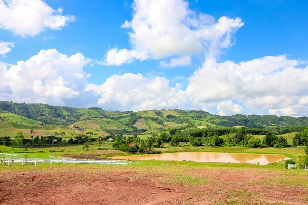 Schöner Stausee Und Grüne Wiese Auf Dem Berg Mit Schönem — Stockfoto