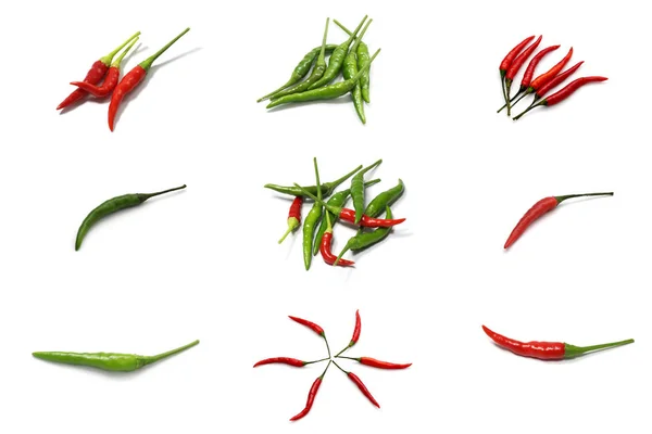 Sada Pro Odběr Červeného Zeleného Chilli Papričku Izolované Bílém Pozadí — Stock fotografie