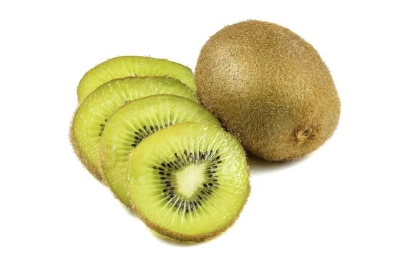 Close Macro Kiwi Fruit Plakjes Gesneden Geïsoleerd Witte Achtergrond — Stockfoto