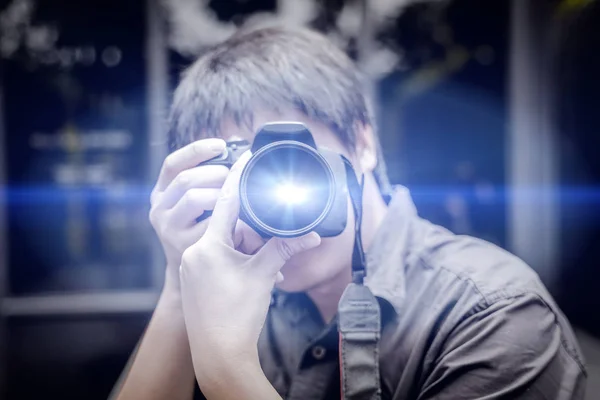 Close Portrait Photographer Taking Pictures Digital Camera Light Flare Effect — Stock Photo, Image