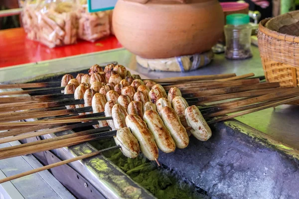 Grillad Banana Stick Spisen Thailändsk Stil — Stockfoto