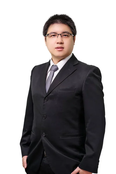 Isolerad Ung Asiatisk Affärsman Formell Kostym Med Halsduk Vit Bakgrund — Stockfoto