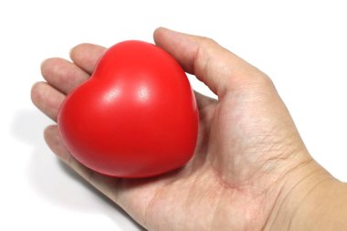 Kırmızı sünger kalp tutan adam el kadar yakın, beyaz arka plan üzerinde aşk sembolü