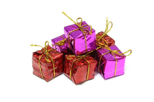 Set Christmas Gift Box Gold Ribbon Bow Isolated White Background Stock Image