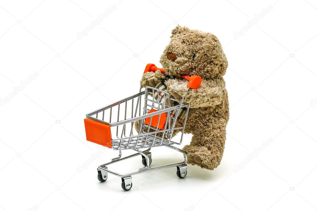 Isolated Teddy bear toy is pushing the trolley cart on white background