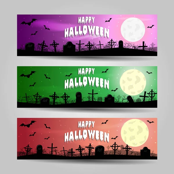 Três banners de Halloween horizontais conjunto vetorial detalhado — Vetor de Stock