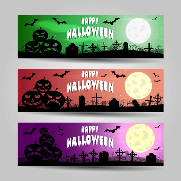 Három vízszintes Halloween bannerek részletes vektor készlet — Stock Vector